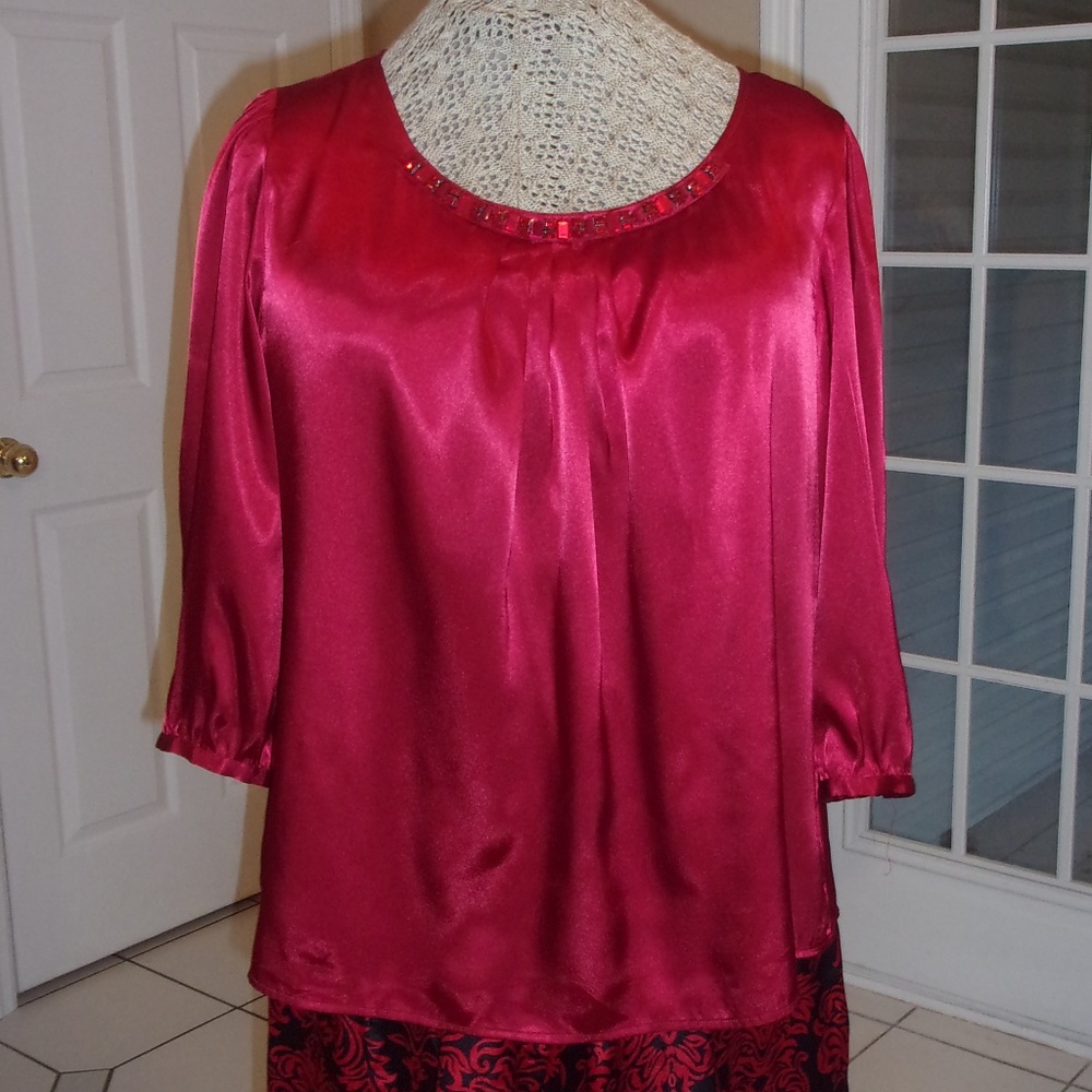 Elegant Rich Red Silky Beaded Blouse